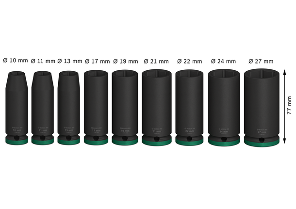 Jogo de soquetes de impacto Bosch PRO com 1/2 polegada de profundidade, 9 peças.